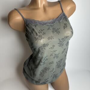 Sheer Green Gray Floral Mesh Cami Lace Trim XS S Y2K Coquette Fairycore Cottage